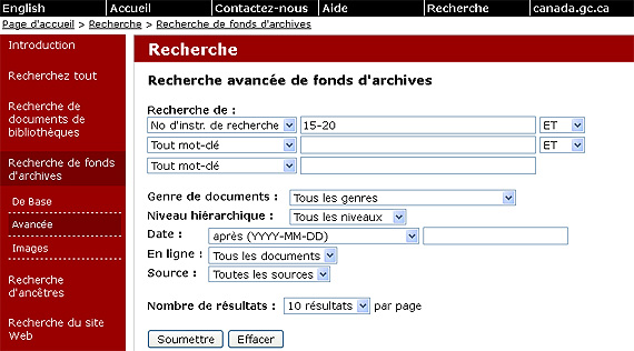 Capture de l'cran Recherche avance de fonds d'archives montrant les champs de recherche, les options, les zones de texte avec un exemple de numro d'instrument de recherche, « 15-20 », et des menus droulants avec des rglages par dfaut ou spcifis