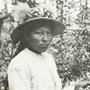 Photograph of an Aboriginal woman splitting a log with a hatchet, Mattagami, July 1906